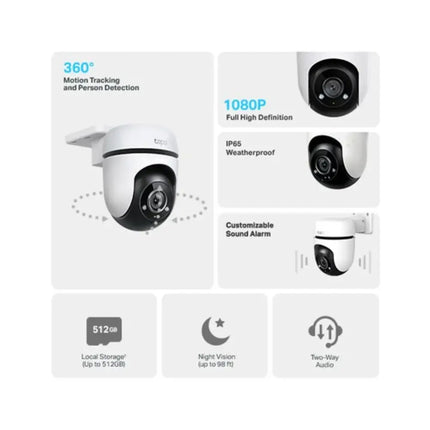 lose-up front view of the TP-Link TC40 security camera lens, highlighting the dual spotlights for color night vision and the microphone.
