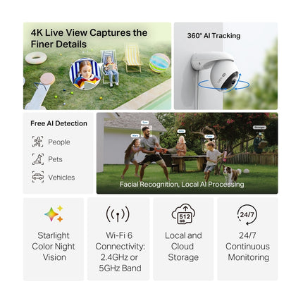 Front view of the TC46 outdoor camera highlighting its motorized 360-degree pan and tilt wide-area coverage