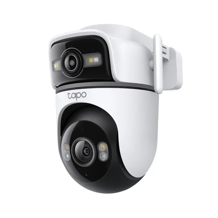 TP-Link TC47 outdoor dual-lens pan and tilt security camera with dual 2K 3MP optics in white.