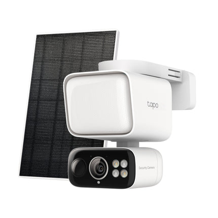 The TC50 KIT pan/tilt security camera and solar panel installed on a home exterior for continuous green energy charging.