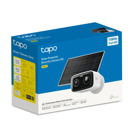 An IP65 weatherproof Tapo TC80 camera installed on an exterior wall, demonstrating its wire-free design and solar-powered charging setup for home security.