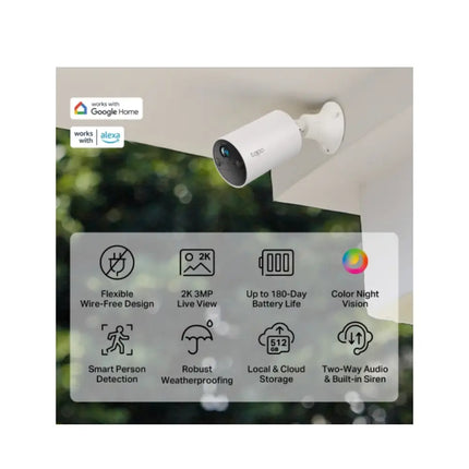 An IP65 weatherproof TP-Link TC82 security camera mounted on an exterior brick wall under the rain, monitoring a home's backyard.