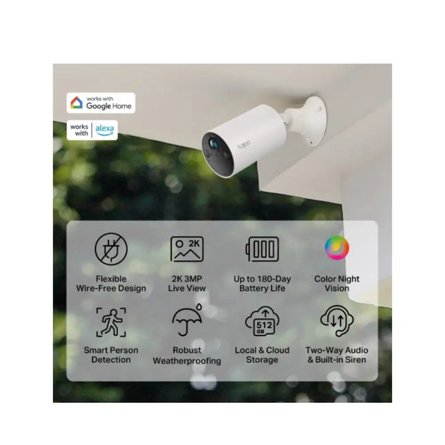 An IP65 weatherproof TP-Link TC82 security camera mounted on an exterior brick wall under the rain, monitoring a home's backyard.