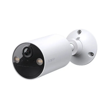 Front view of the compact white TP-Link TC82 battery-powered security camera showing its lens, starlight sensor, and dual spotlights.