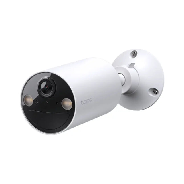 Front view of the compact white TP-Link TC82 battery-powered security camera showing its lens, starlight sensor, and dual spotlights.