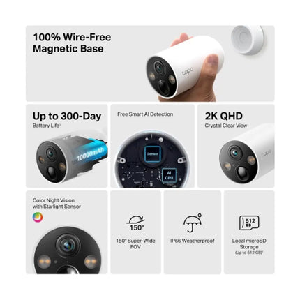 Close-up of the TP-Link Tapo TC85 camera lens highlighting its 4 built-in spotlights and starlight sensor for 2K QHD color night vision.