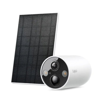 Product photo of the TP-Link TC85 Kit showing the white wire-free outdoor security camera and its companion solar charging panel.