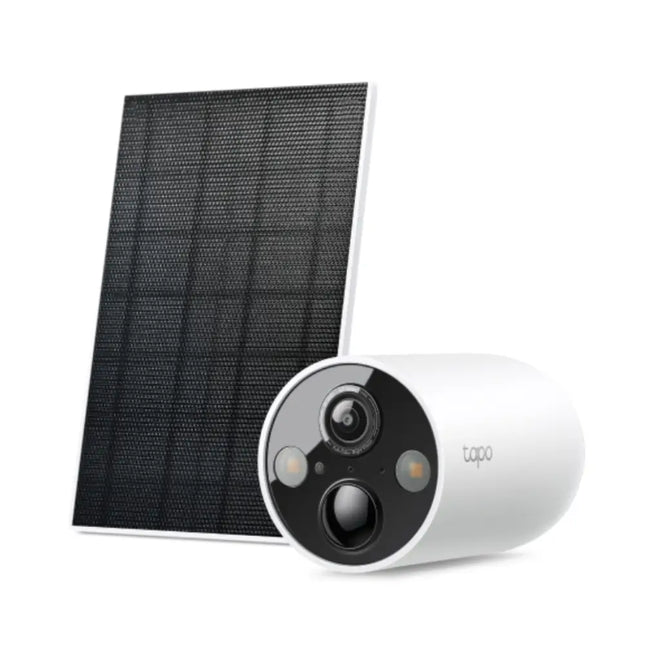 Product photo of the TP-Link TC85 Kit showing the white wire-free outdoor security camera and its companion solar charging panel.