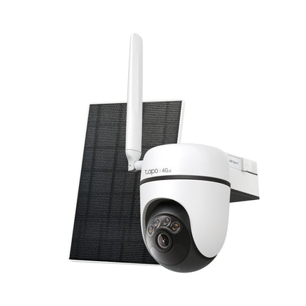 TP-Link TC90G KIT featuring the 4G LTE pan and tilt security camera alongside its dedicated solar panel charging unit.