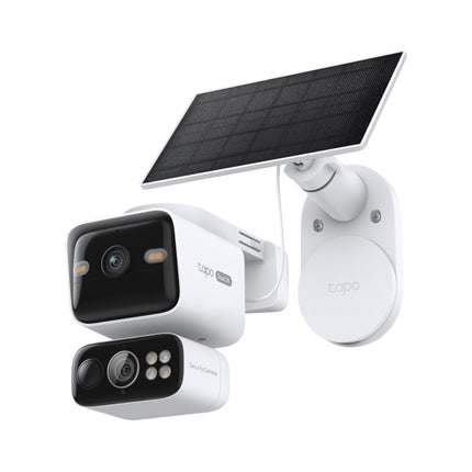 Close-up view of the TC93D KIT security camera highlighting its advanced dual-lens system for wide-angle and detailed zoom views.