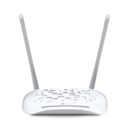 Front angled view of the white TP-Link TD-W9970 N300 wireless VDSL and ADSL modem router, showing its ventilated top casing and two high-gain external omnidirectional antennas.