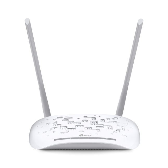 Front angled view of the white TP-Link TD-W9970 N300 wireless VDSL and ADSL modem router, showing its ventilated top casing and two high-gain external omnidirectional antennas.