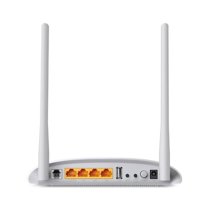 Close-up view of the multi-functional USB port on the TP-Link TD-W9970 modem router, illustrating its use for local file sharing or attaching a 3G or 4G USB modem for internet backup.