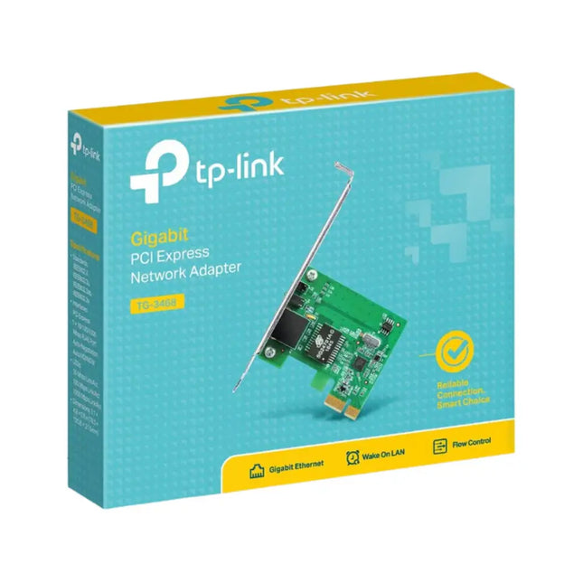 TP-Link TG-3468 PCIe network card shown next to its included interchangeable low-profile bracket, highlighting the single Gigabit RJ45 Ethernet port and LED link indicators.