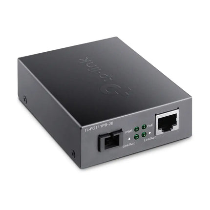 Close-up of the front panel on the TP-Link FC111PB-20 displaying the SC fiber connection and PoE ethernet port.