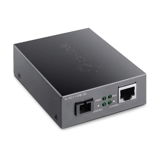 Close-up of the front panel on the TP-Link FC111PB-20 displaying the SC fiber connection and PoE ethernet port.