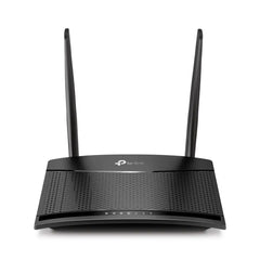 TP-Link TL-MR100 black wireless N four-G LTE router with two external high-gain antennas for stable cellular network reception.