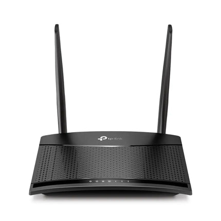 TP-Link TL-MR100 black wireless N four-G LTE router with two external high-gain antennas for stable cellular network reception.