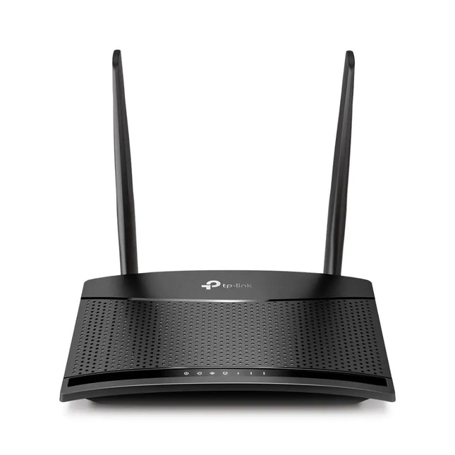 TP-Link TL-MR100 black wireless N four-G LTE router with two external high-gain antennas for stable cellular network reception.