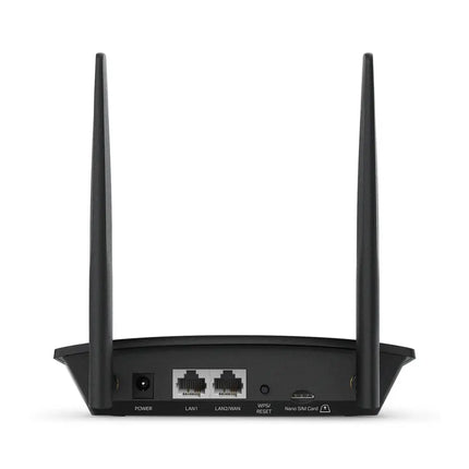 The compact TP-Link TL-MR100 four-G LTE router set up on a desk, providing instant wireless internet via cellular data.