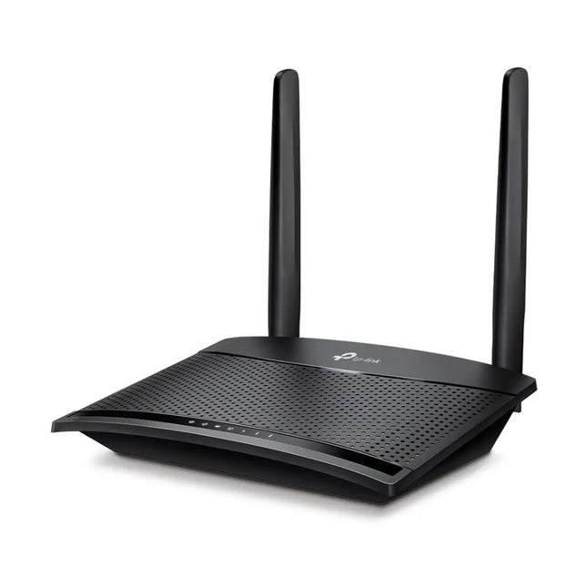 Rear view of the TP-Link TL-MR100 router showing the micro SIM card slot, LAN ports, and power connection.