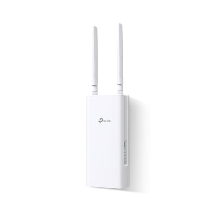 TP-Link TL-MR100-Outdoor 4G 300 Mbps Wi-Fi outdoor router in a white weatherproof casing with two detachable LTE antennas.
