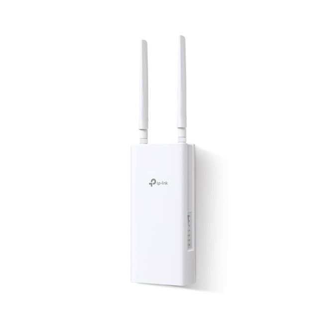 TP-Link TL-MR100-Outdoor 4G 300 Mbps Wi-Fi outdoor router in a white weatherproof casing with two detachable LTE antennas.