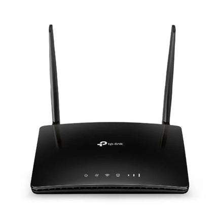 TP-Link TL-MR6400 N300 4G LTE wireless Wi-Fi router front view showing the glossy black chassis and dual high-gain external antennas.