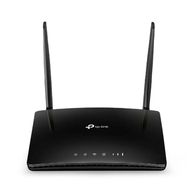 TP-Link TL-MR6400 N300 4G LTE wireless Wi-Fi router front view showing the glossy black chassis and dual high-gain external antennas.
