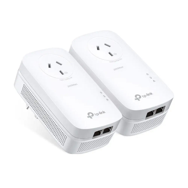 Bottom view of the TP-Link TL-PA9020P powerline adapter highlighting the two high-speed Gigabit Ethernet ports and the physical hardware pair button.