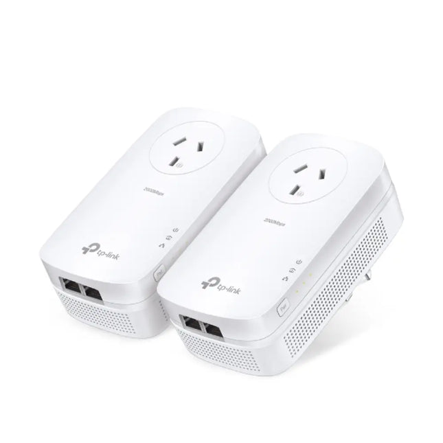Two TP-Link TL-PA9020P AV2000 powerline adapters shown side-by-side, showcasing their white glossy chassis, Australian three-pin pass-through power socket, and front LED status indicators.