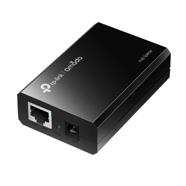 Close-up of the TP-Link TL-POE10R ports featuring the adjustable 5V, 9V, and 12V power output slide switch and Ethernet jacks.