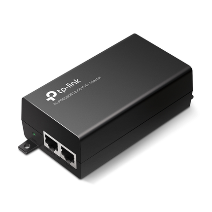 Front angle view of the black compact TP-Link TL-POE260S 2.5G PoE+ injector isolated on a white background.