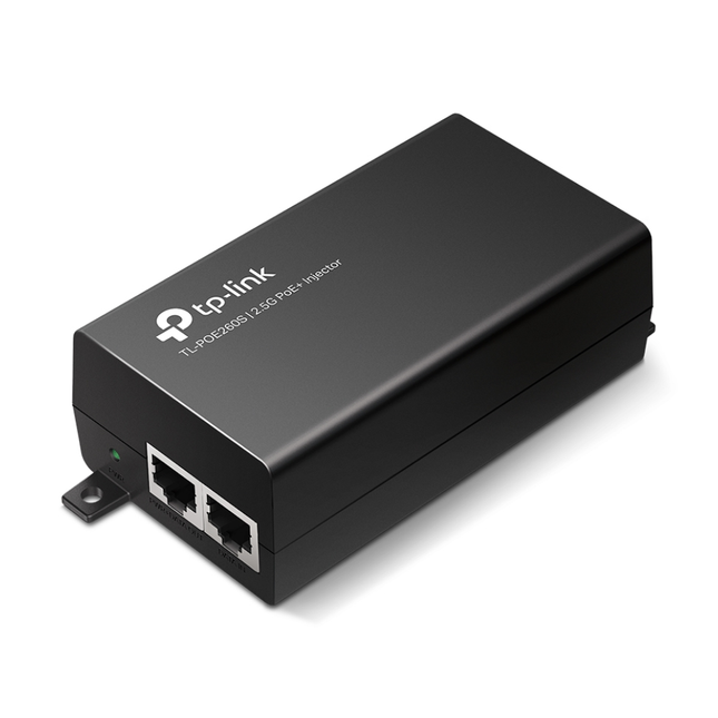 Front angle view of the black compact TP-Link TL-POE260S 2.5G PoE+ injector isolated on a white background.
