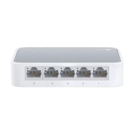 TP-Link TL-SF1005D 5-port fast ethernet desktop switch in a compact white plastic casing showing the top logo and front green LED status indicators.