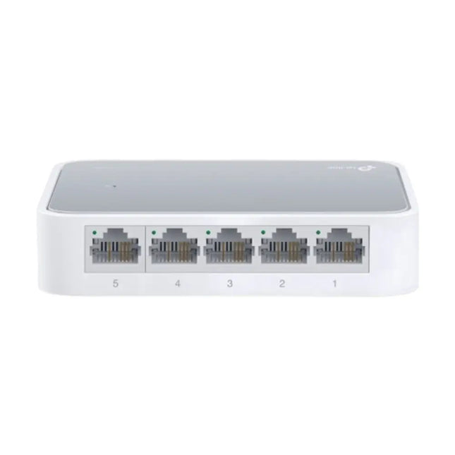 TP-Link TL-SF1005D 5-port fast ethernet desktop switch in a compact white plastic casing showing the top logo and front green LED status indicators.