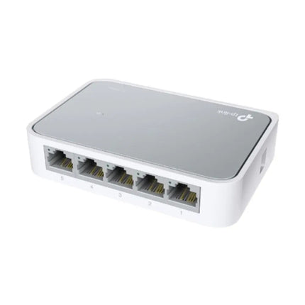 Rear view of the TP-Link TL-SF1005D unmanaged network switch highlighting the five 10/100Mbps RJ45 Ethernet ports and the DC power input.