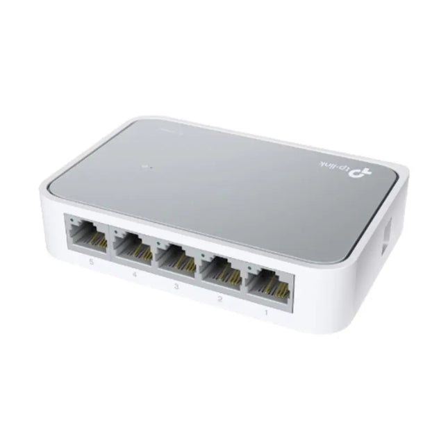 Rear view of the TP-Link TL-SF1005D unmanaged network switch highlighting the five 10/100Mbps RJ45 Ethernet ports and the DC power input.