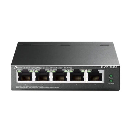 TP-Link TL-SF1005LP 5-port 10/100Mbps desktop switch with 4-port PoE, angled front view.