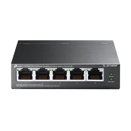 TP-Link TL-SF1005P 5-port 10/100Mbps desktop switch with 4-port PoE, clean front view.