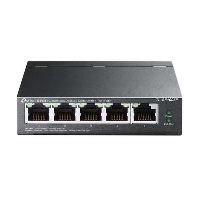 TP-Link TL-SF1005P 5-port 10/100Mbps desktop switch with 4-port PoE, clean front view.
