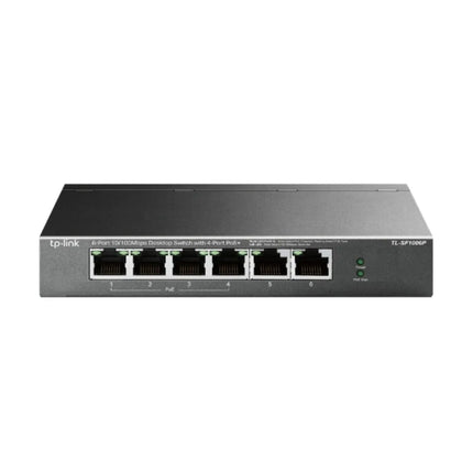 Front view of the black TP-Link TL-SF1006P unmanaged desktop switch showing 6 RJ45 ports, including 4 PoE+ ports and LED indicators for power and link activity.
