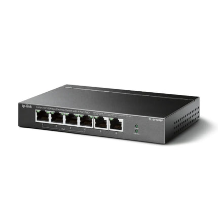Close-up of the TP-Link TL-SF1006P hardware switches for Extend Mode, which enables up to 250m PoE transmission, and Priority Mode for sensitive surveillance traffic.