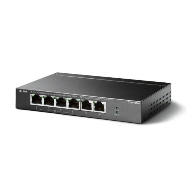 Close-up of the TP-Link TL-SF1006P hardware switches for Extend Mode, which enables up to 250m PoE transmission, and Priority Mode for sensitive surveillance traffic.