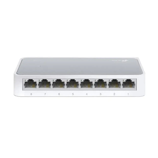 An isometric view of the compact white TP-Link TL-SF1008D 8-port Fast Ethernet desktop switch, highlighting its modern plastic casing and top-facing LED indicators.