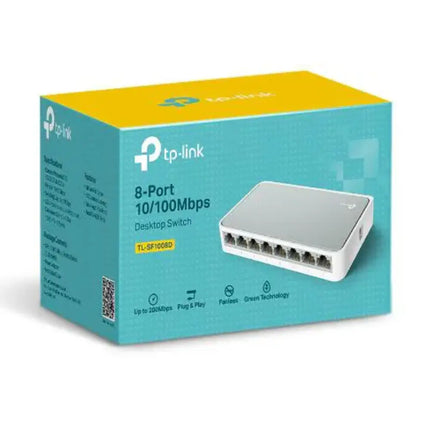 Rear panel view of the TP-Link TL-SF1008D unmanaged desktop switch, showing the 8 10/100Mbps auto-negotiation RJ45 ports and the DC power input jack.
