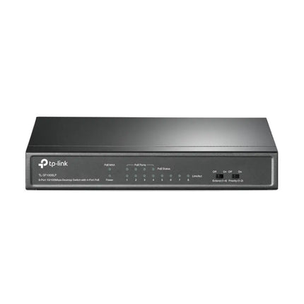 TP-Link TL-SF1008LP 8-Port 10/100Mbps Desktop Switch with 4-Port PoE, clean front view.