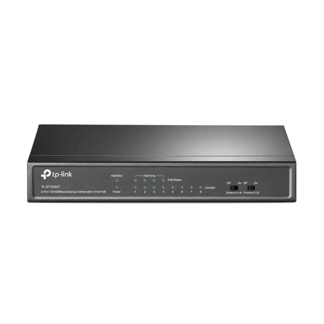 TP-Link TL-SF1008LP 8-Port 10/100Mbps Desktop Switch with 4-Port PoE, clean front view.