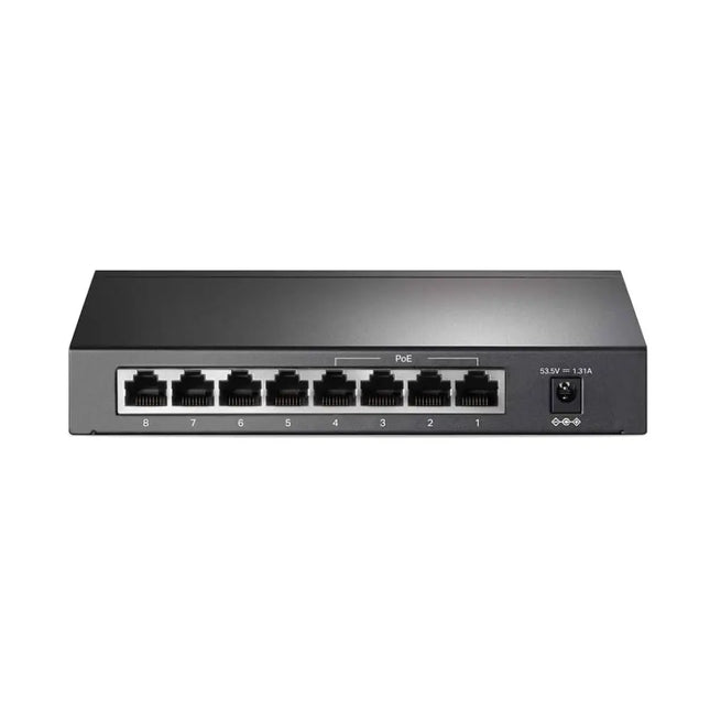 TP-Link TL-SF1008P 8-port 10/100Mbps Fast Ethernet unmanaged desktop switch front view showcasing its sturdy metal casing.