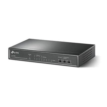 Close-up view of the front panel interface on the TP-Link TL-SF1008P showing 4 standard Ethernet ports, 4 dedicated PoE ports, and status LED display lights.